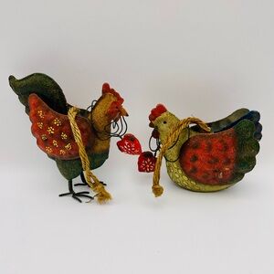 Pair of Brightly Painted Metal Ornaments, Rooster and Chicken with Hearts!